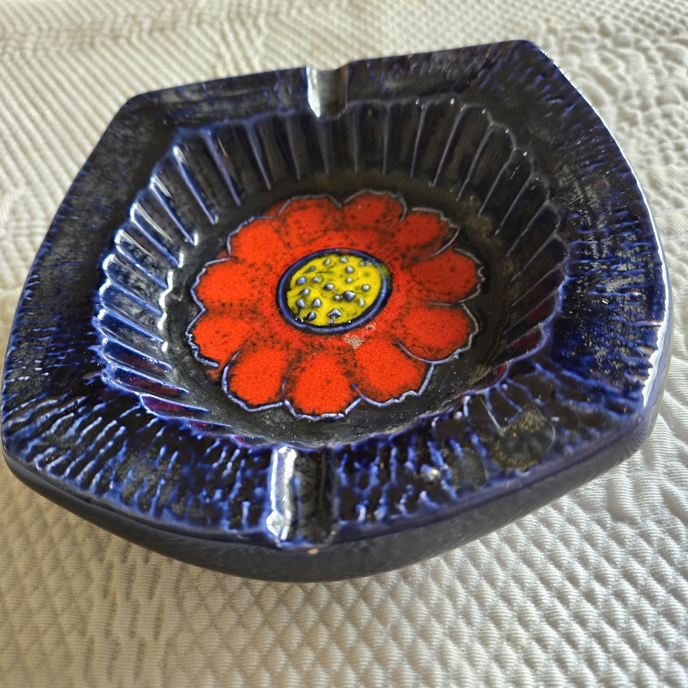 Vibrant Red and Blue Ceramic Art Dish